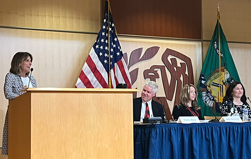 Debbie Wilkerson at a podium testifying to a panel of representatives from the Department of Treasury and the IRS. 