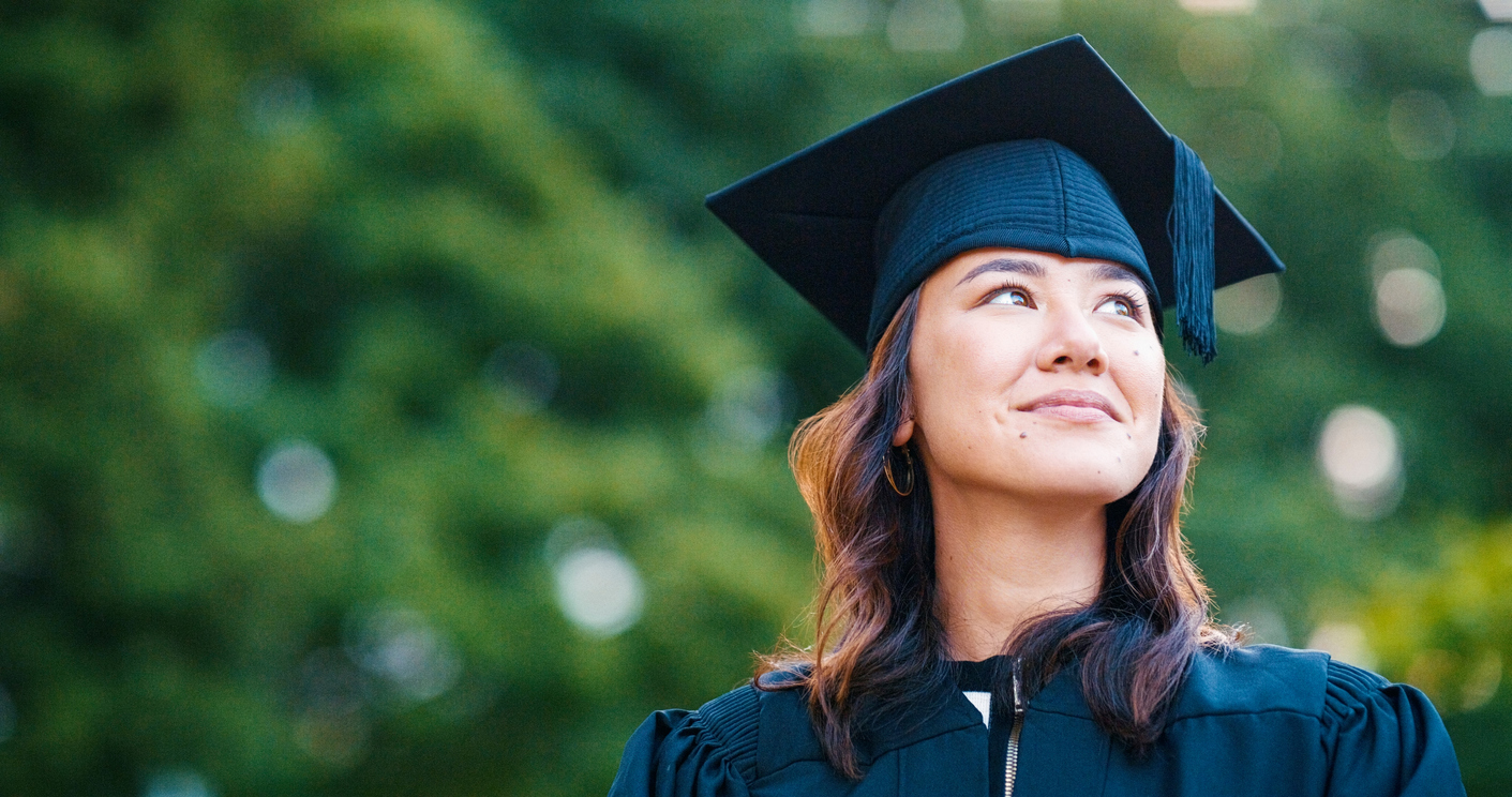 University student, woman and outdoor for graduation with memory, smile or thinking or achievement at campus. Girl, Japanese person and graduate with memory, decision or choice for future at college.